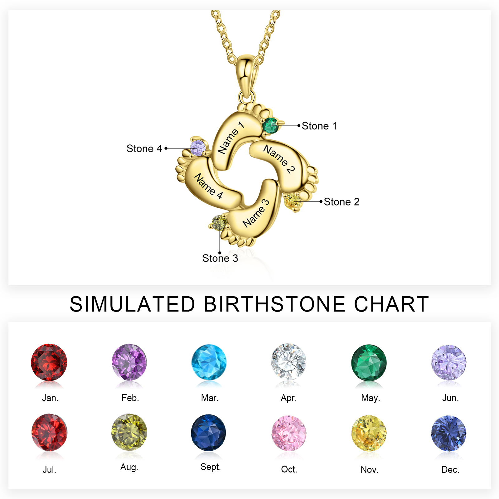 Personalised Baby Feet Necklace With 4 Birthstones Engraved Names Gift For Mother-Jessemade AU