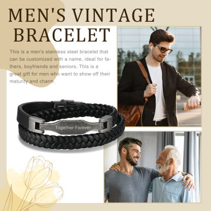 Vintage Men's Leather Bracelet Custom Text Stainless Steel Bracelet Personalised Gift for Him-Jessemade AU