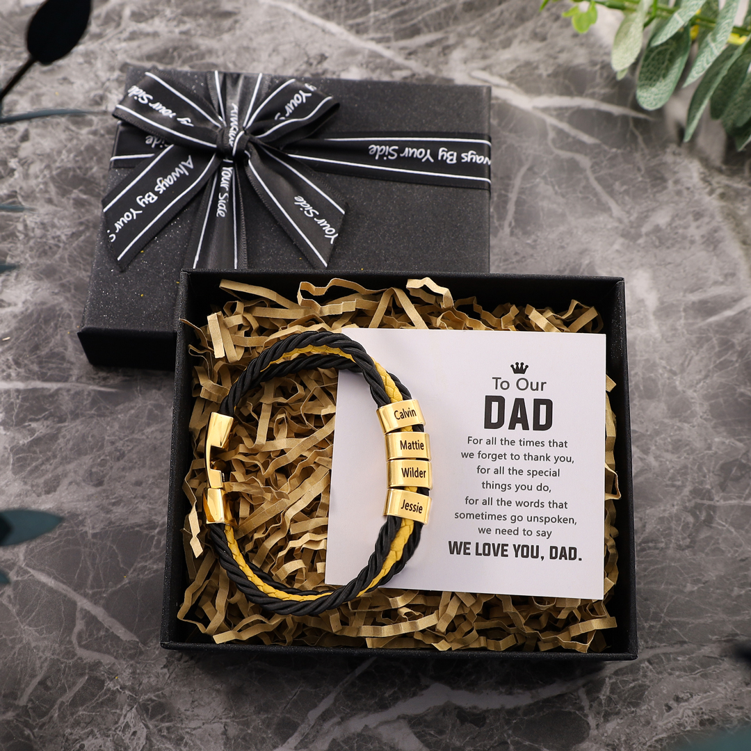 Mens Leather Bracelet Braided Layered Leather with 4 Beads 4 Names Gold-Jessemade AU