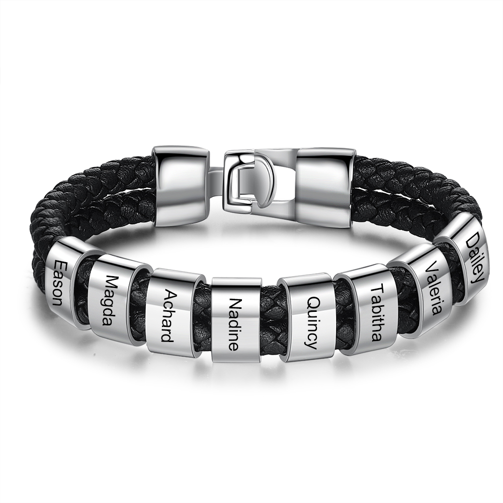 Customised Braided Leather Bracelet Engraved 8 Names Men's Bracelet Gifts For Him