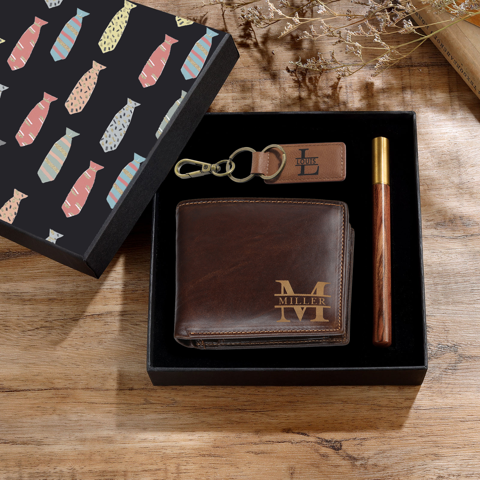 Personalised 2 Texts & 2 Names & 2 Letters Gift Set Custom Wallet & Keychain & Pen Gift Box Set Gift for Him