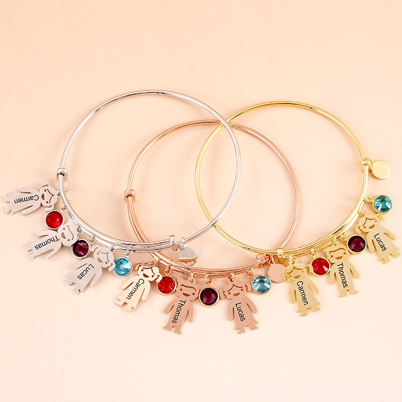 Personalised Kids Charm Bracelet With 3 Birthstones Engraved Names Bracelet Gift For Her-Jessemade AU