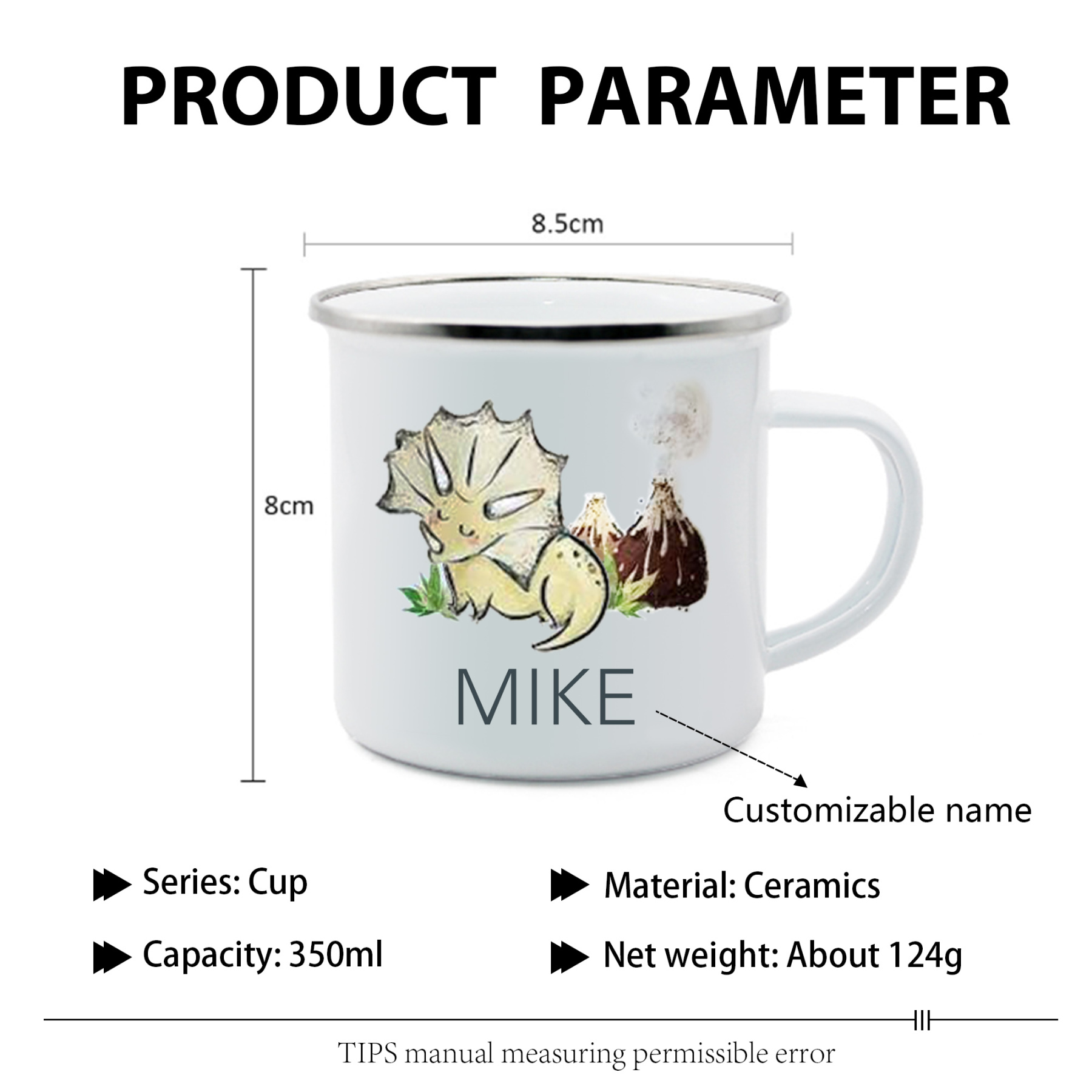 Personalised Enamel Mug Customised Name Dinosaur Cup Camping Mug Birthday Gift for Kids - Triceratops-Jessemade AU