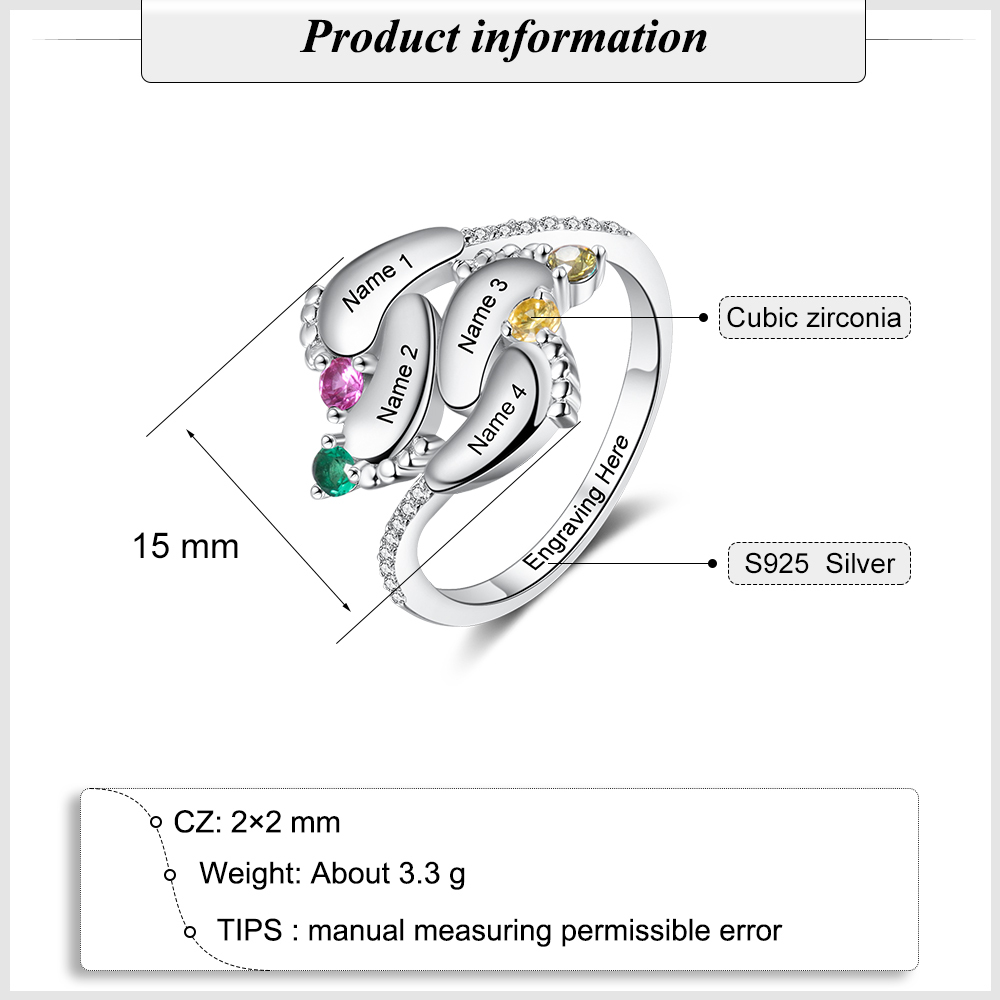 Personalised Baby Foot Ring With 4 Birthstones Engraved Names Ring Gift For Women-Jessemade AU