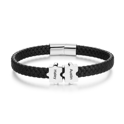 Custom Family Puzzle Bracelet Engrave 2 Names Leather Bracelet For Father-Jessemade AU