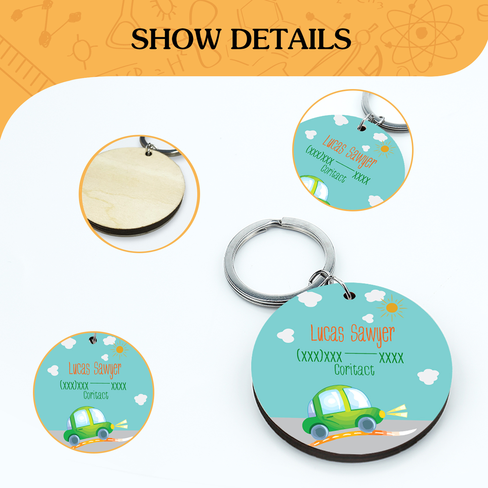 Customised Name and Phone Number Keychain Green Car Back-to-School Gift for Kids-Jessemade AU