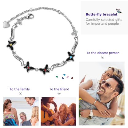 Personalised Butterfly Bracelet With 4 Birthstones Engrave Names Necklace Gift For Women-Jessemade AU