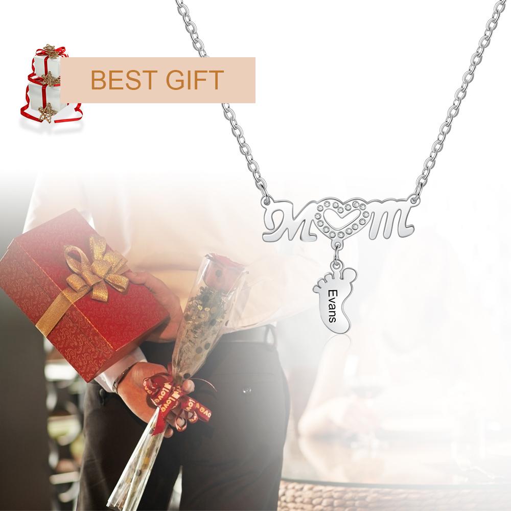 Mother Necklace with 1 Baby Foot Pendant Engraved 1 Name Rose Gift Set