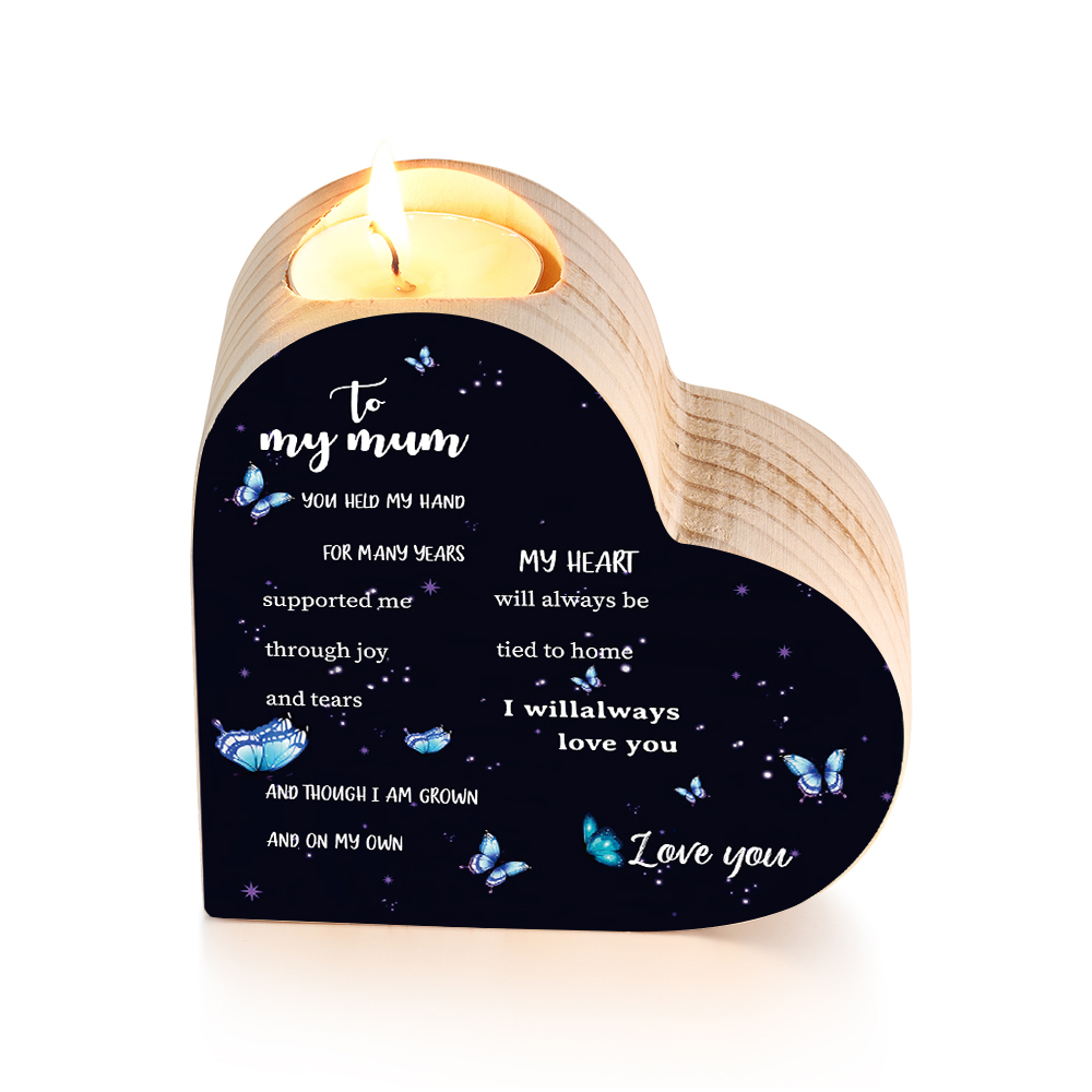 To My Mum - Wooden Heart Candle Holder Butterfly Candlesticks "My Heart Will Always Be Tied To Home" Gifts For Mother-Jessemade AU