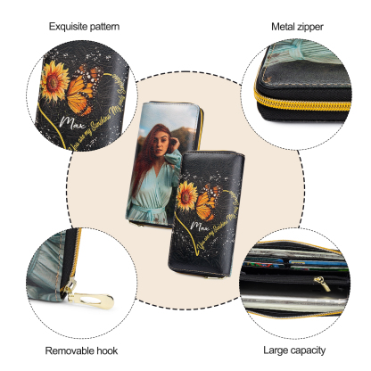 "You Are My Sunshine", Personalised Horse Leather Wallet Engraved 1 Photo Zip Wallet Long Purse Gifts for Her-Jessemade AU