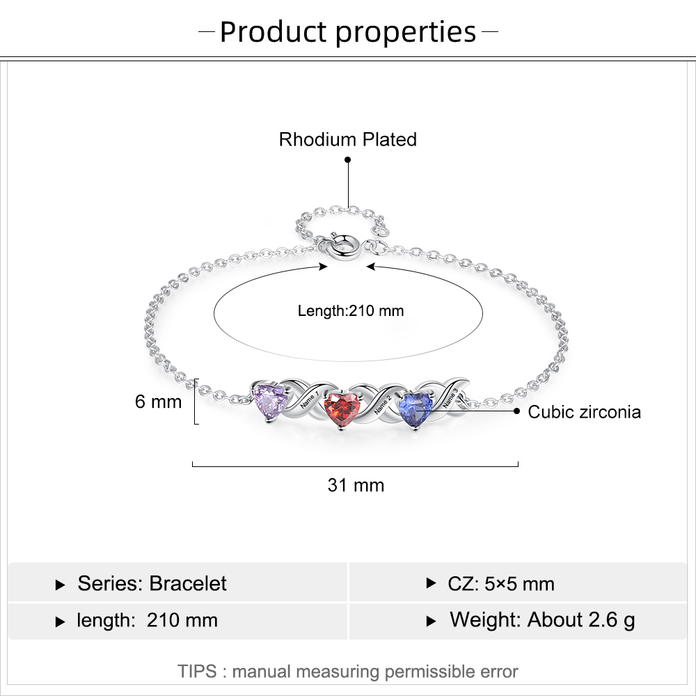 Family Custom Bracelet Heart Personalised with 3 Birthstones Gift Box Set-Jessemade AU