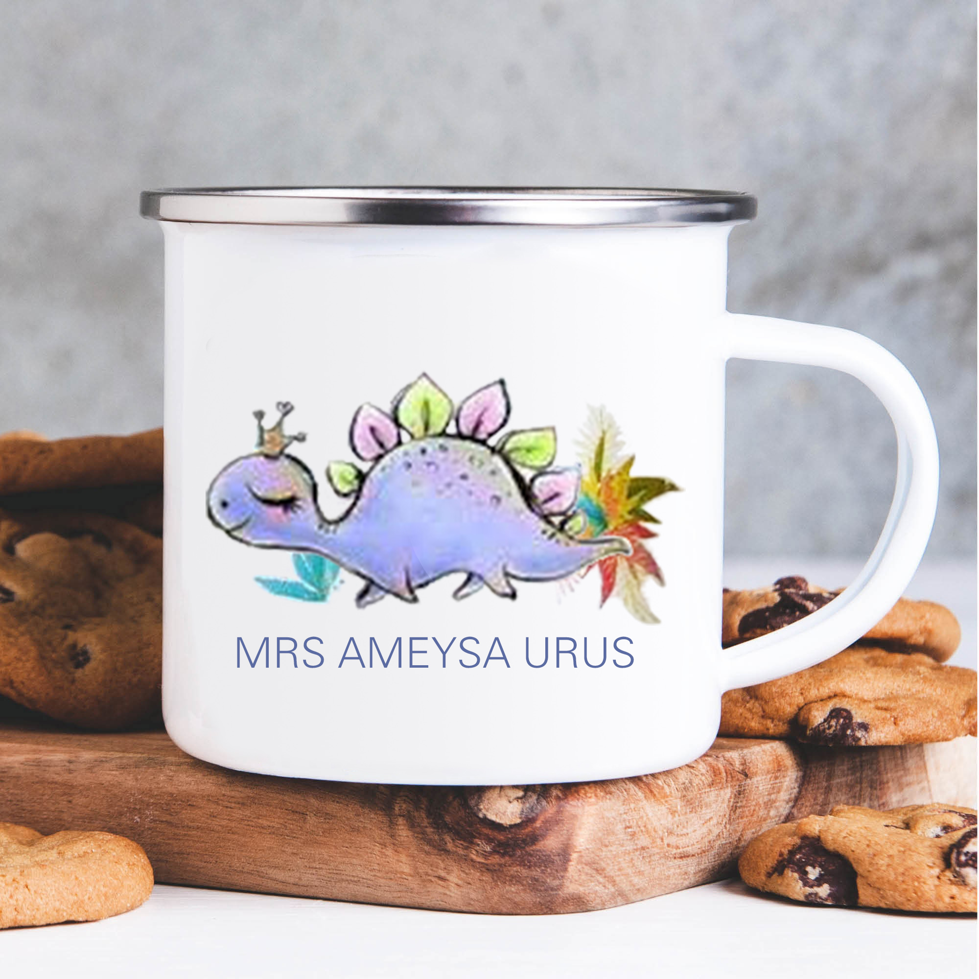 Personalised Enamel Mug Customised Name Dinosaur Cup Camping Mug Birthday Gift for Kids - Stegosaurus-Jessemade AU