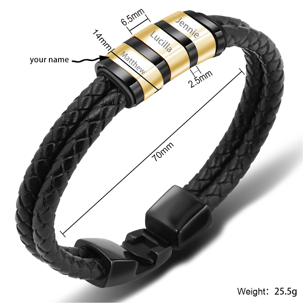 Personalised Braided Leather Bracelet Engraved 3 Names Men's Bracelet Gifts For Him-Jessemade AU