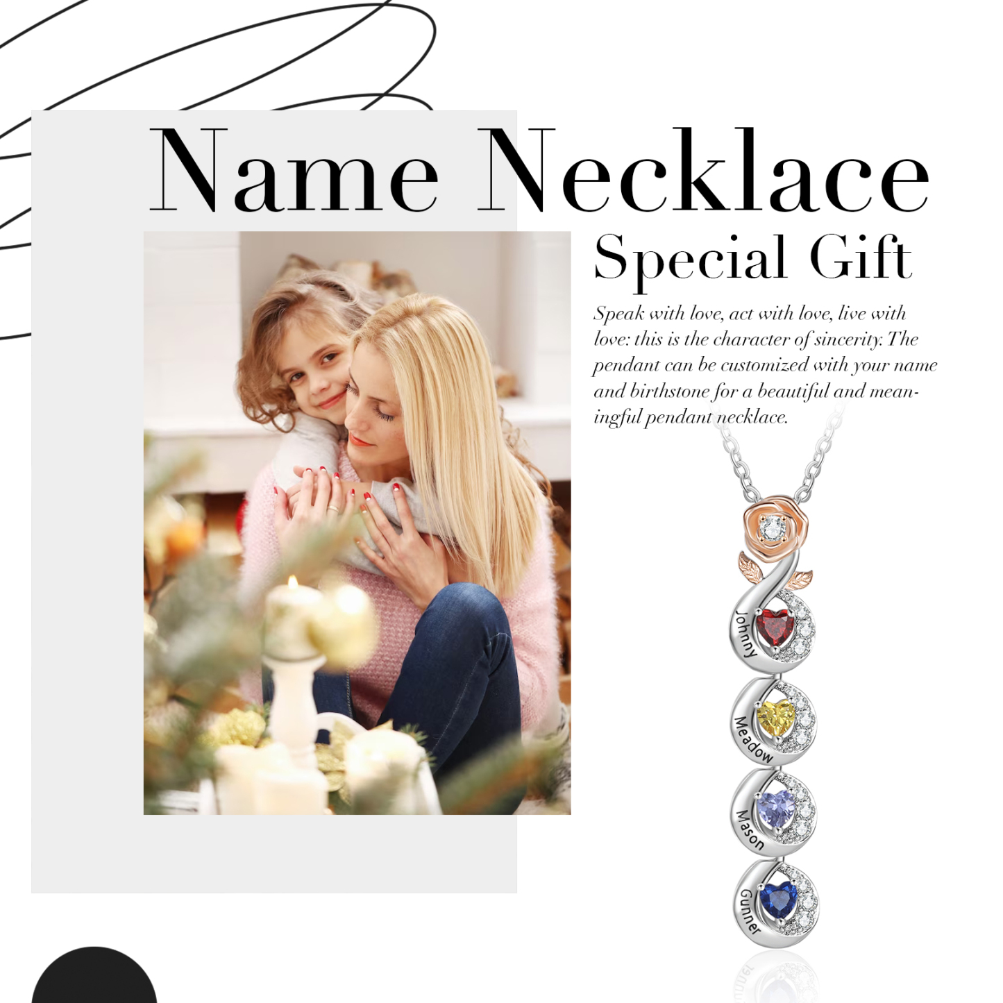 Custom Family Necklace Rose Pendant with 4 Birthstones Engraving 4 Names Gifts for Her-Jessemade AU