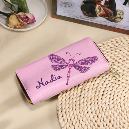 Long Purse Personalised Dragonfly Leather Wallet Engraved 1 Photo Zip Wallet Gifts for Her-Jessemade AU