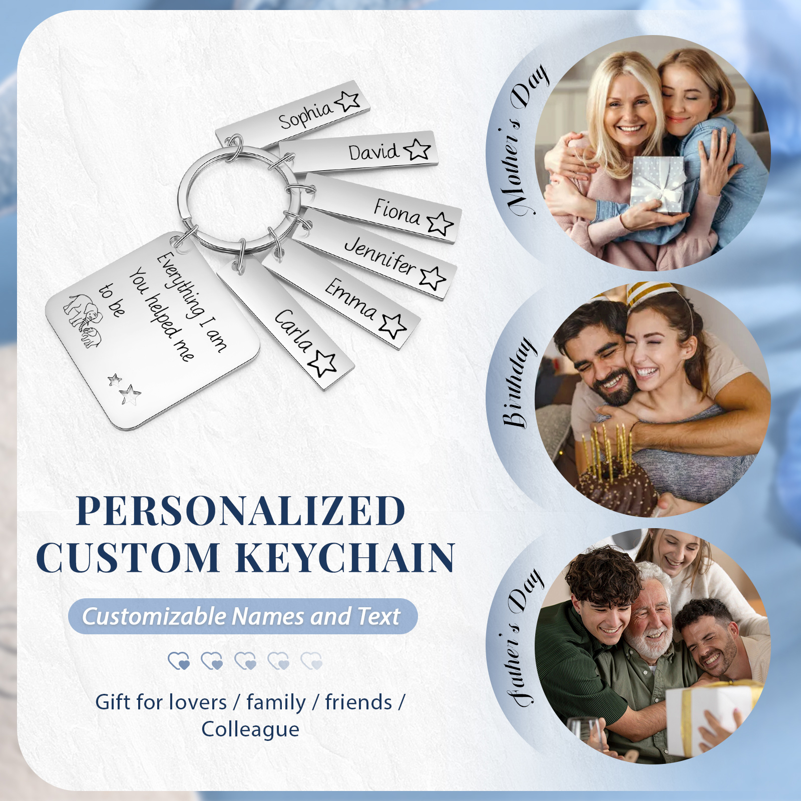 Personalised 6 Names & 1 Text Keychain Elephant Family Keychain Gifts for Father/Mother/Grandma/Grandpa-Jessemade AU