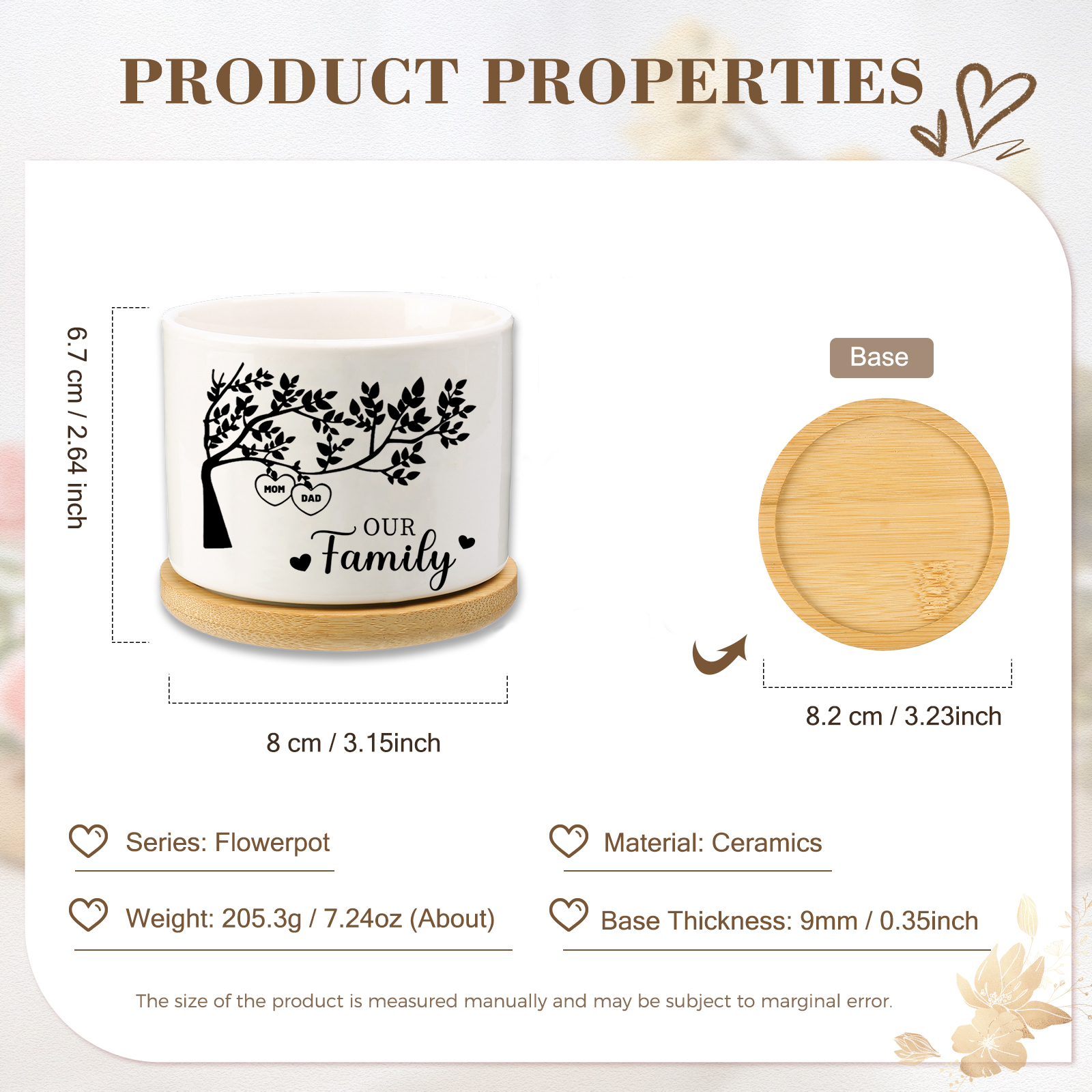 Personalised 2 Names & 1 Text Family Tree Flowerpot Custom Ceramic Flowerpot with Wooden Base Gift for Mother/Grandma-Jessemade AU