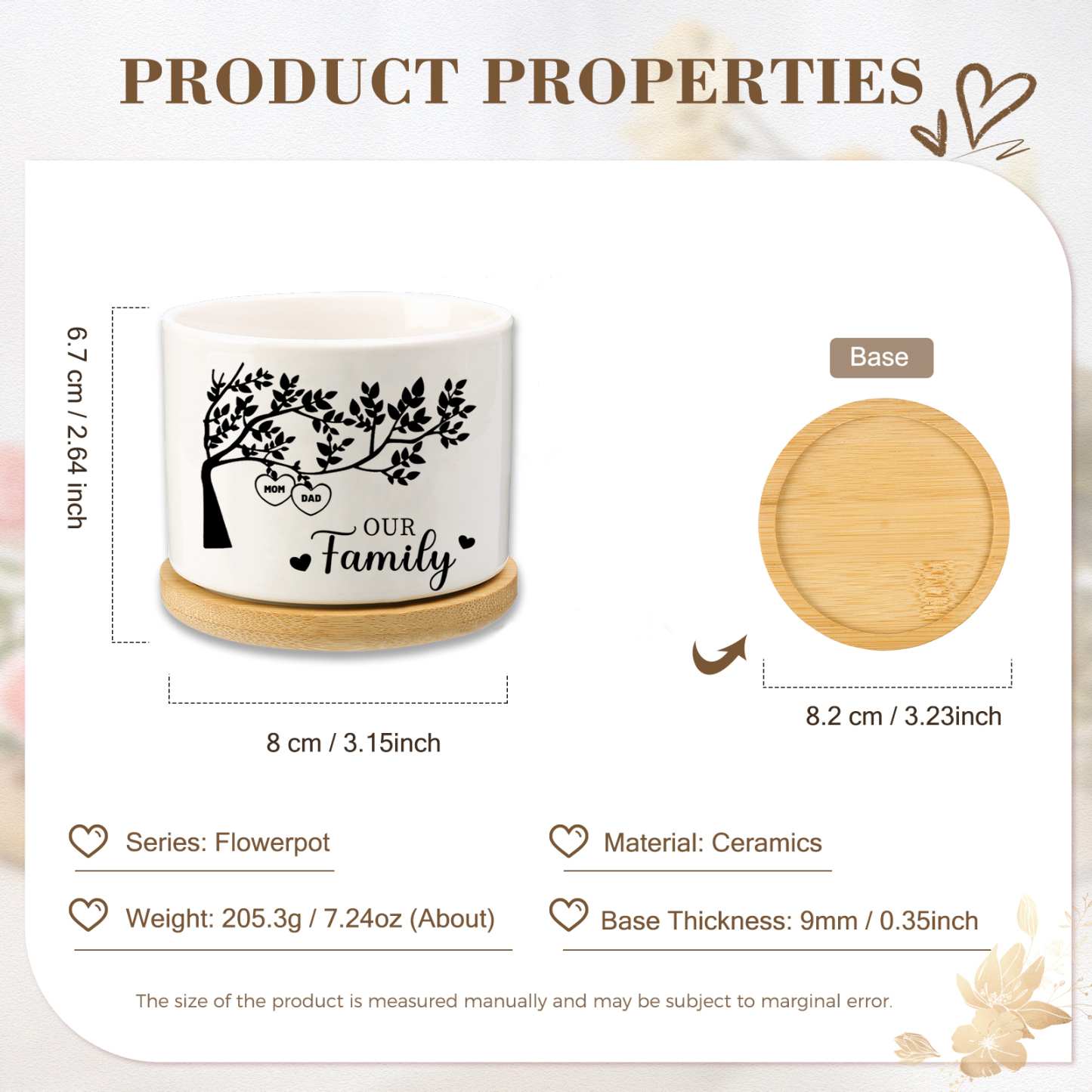 Personalised 2 Names & 1 Text Family Tree Flowerpot Custom Ceramic Flowerpot with Wooden Base Gift for Mother/Grandma-Jessemade AU