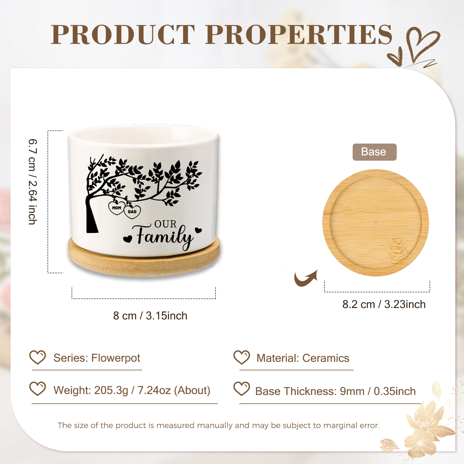 Personalised 2 Names & 1 Text Family Tree Flowerpot Custom Ceramic Flowerpot with Wooden Base Gift for Mother/Grandma-Jessemade AU