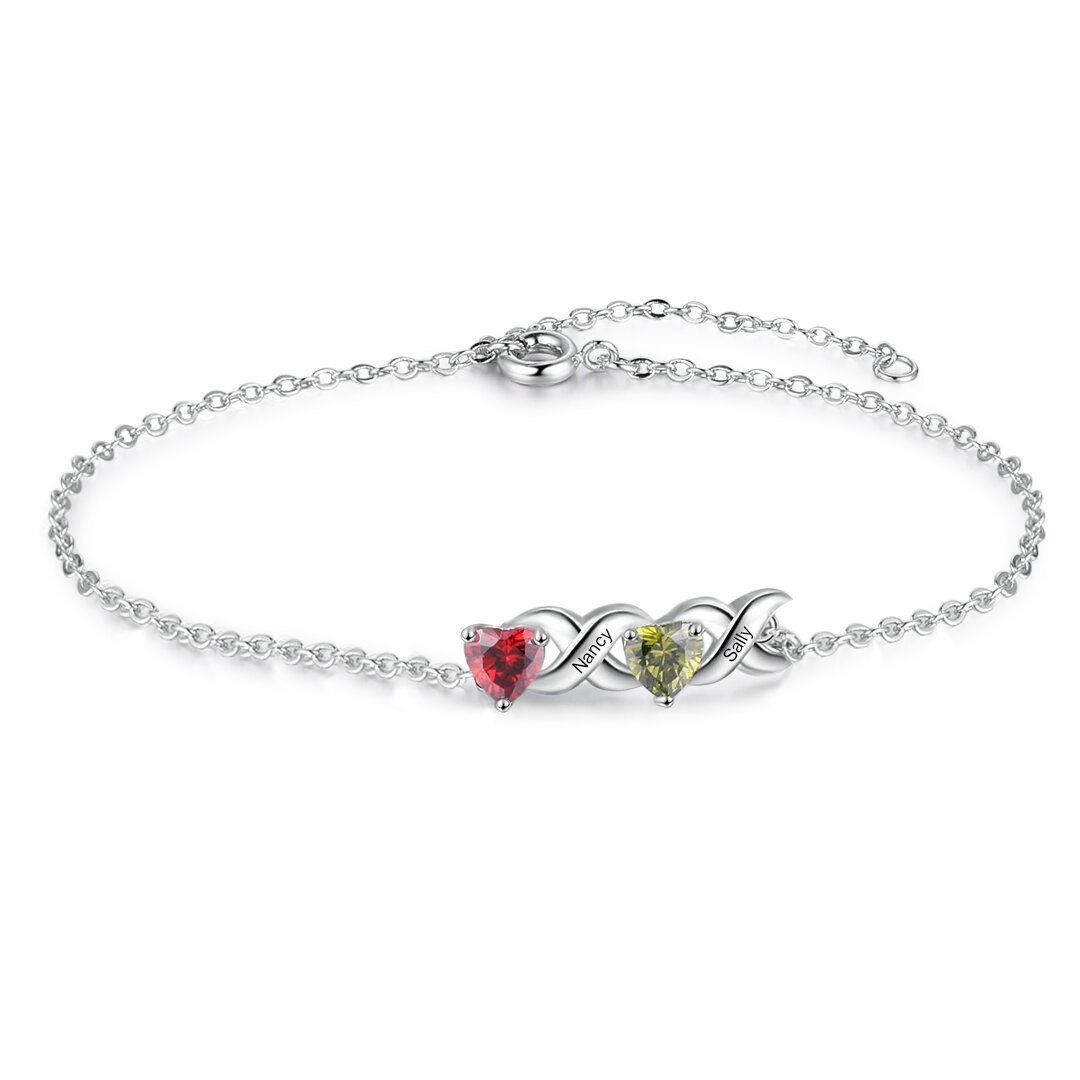 Family Custom Bracelet Heart Personalised with 2 Birthstones Gift Box Set-Jessemade AU