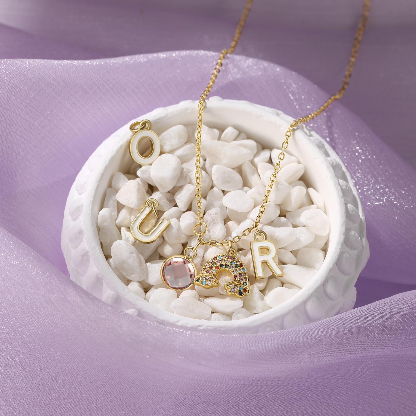 Back To School Personalised Rainbow Necklace Custom Birthstone and Initial Necklace-Jessemade AU