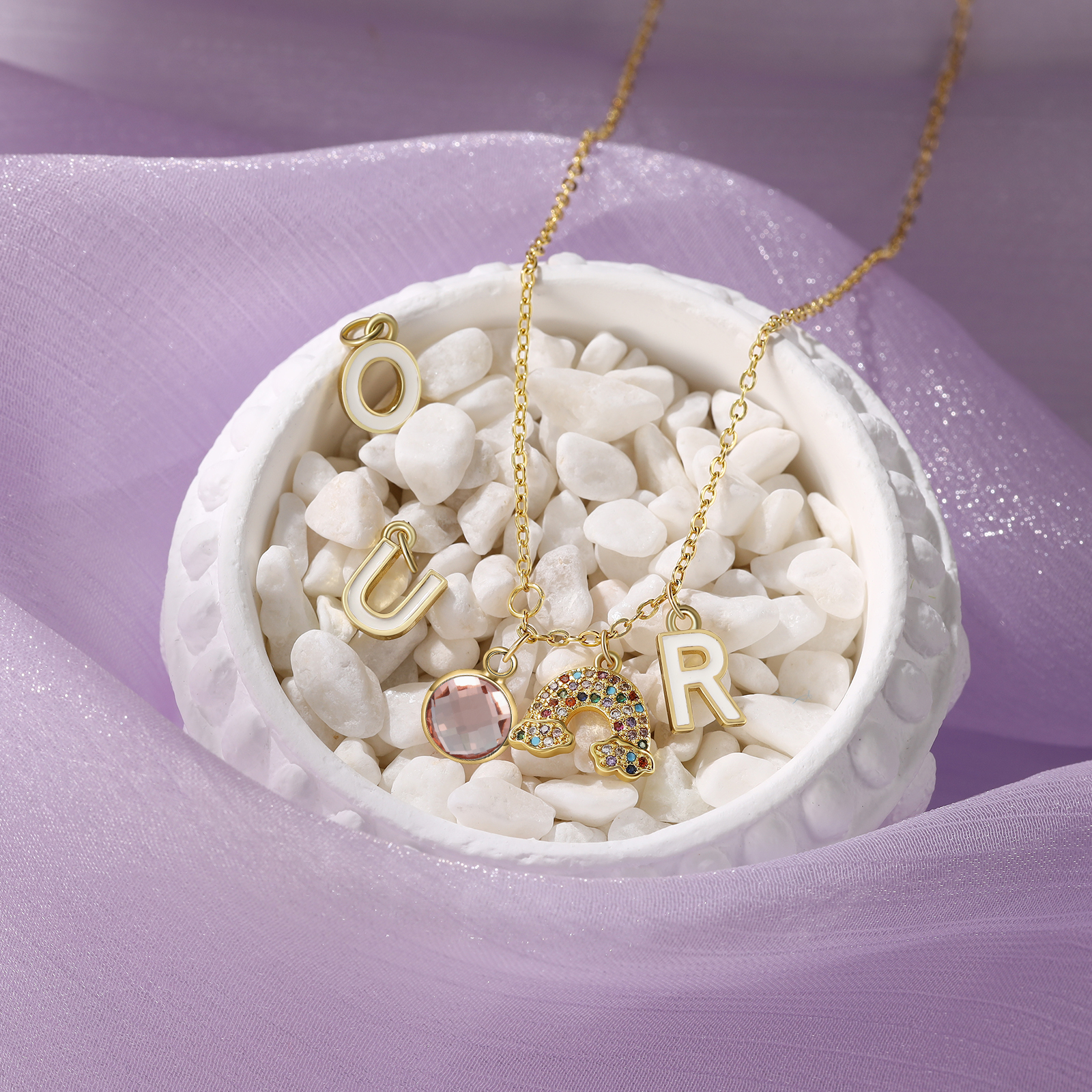 Personalised Rainbow Necklace Custom Birthstone and Initial Kid's Necklace-Jessemade AU