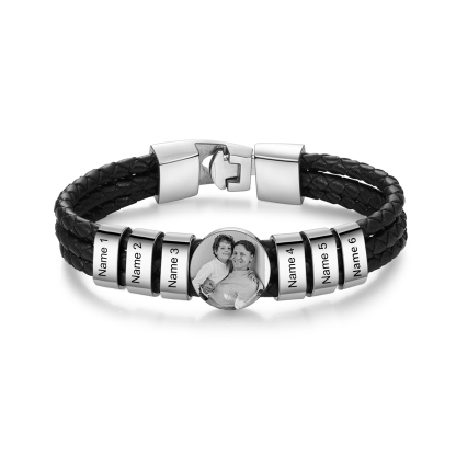 Personalised Men's Leather Bracelet Custom 6 Names & 1 Photo Braided Bracelet Father's Day Gifts for Him-Jessemade AU