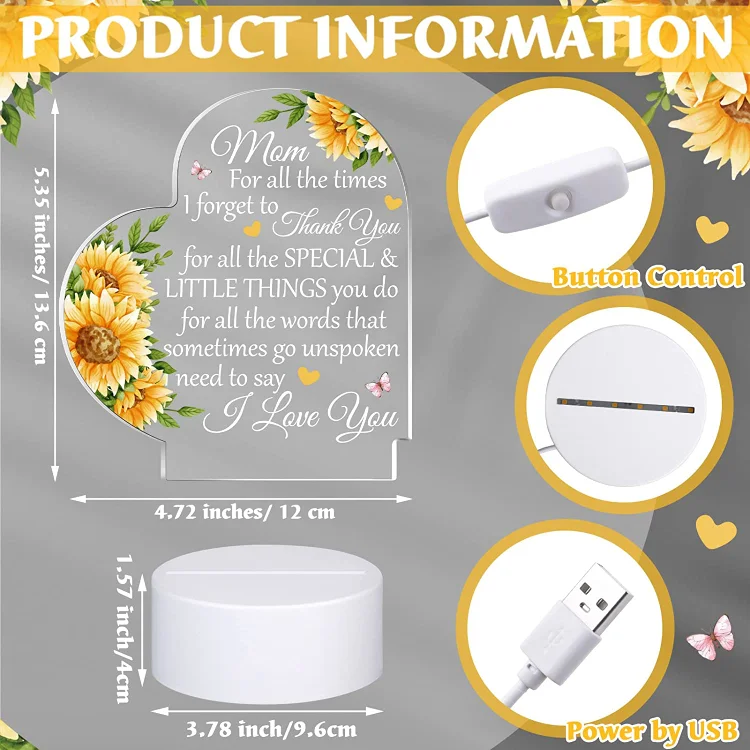 To My Mom-Flower Heart Night Light LED Lamp Bedroom Decoration For Mother-For all the times I forgot to Thank you-Jessemade AU