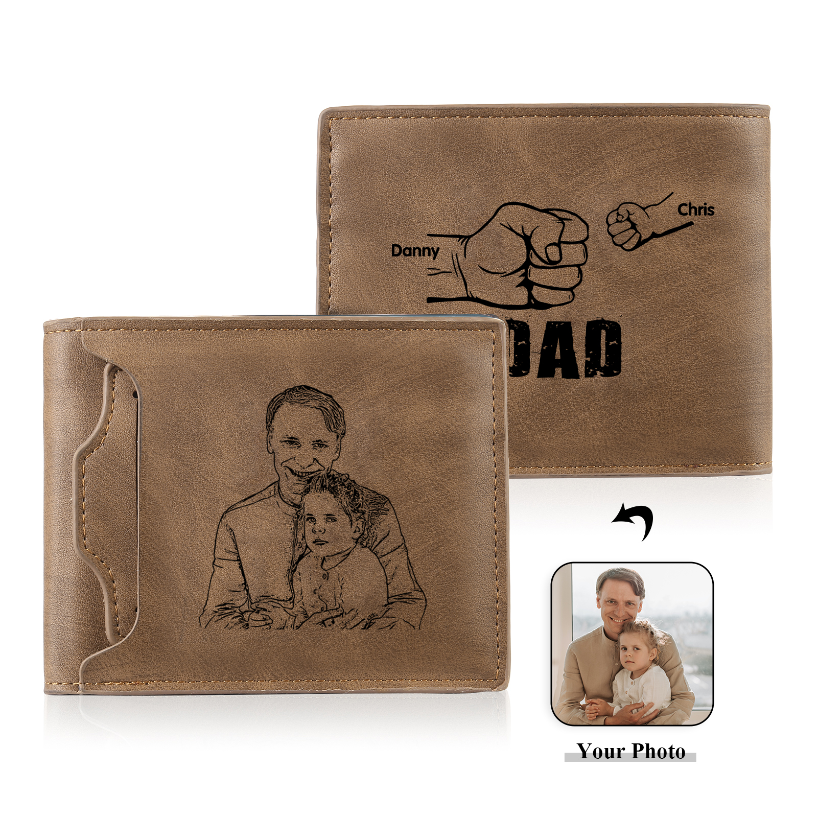 2 Names - Personalised Men Leather Wallet Custom Name & Photo Folding Wallet Fist Bump Wallet Gift for Dad-Jessemade AU