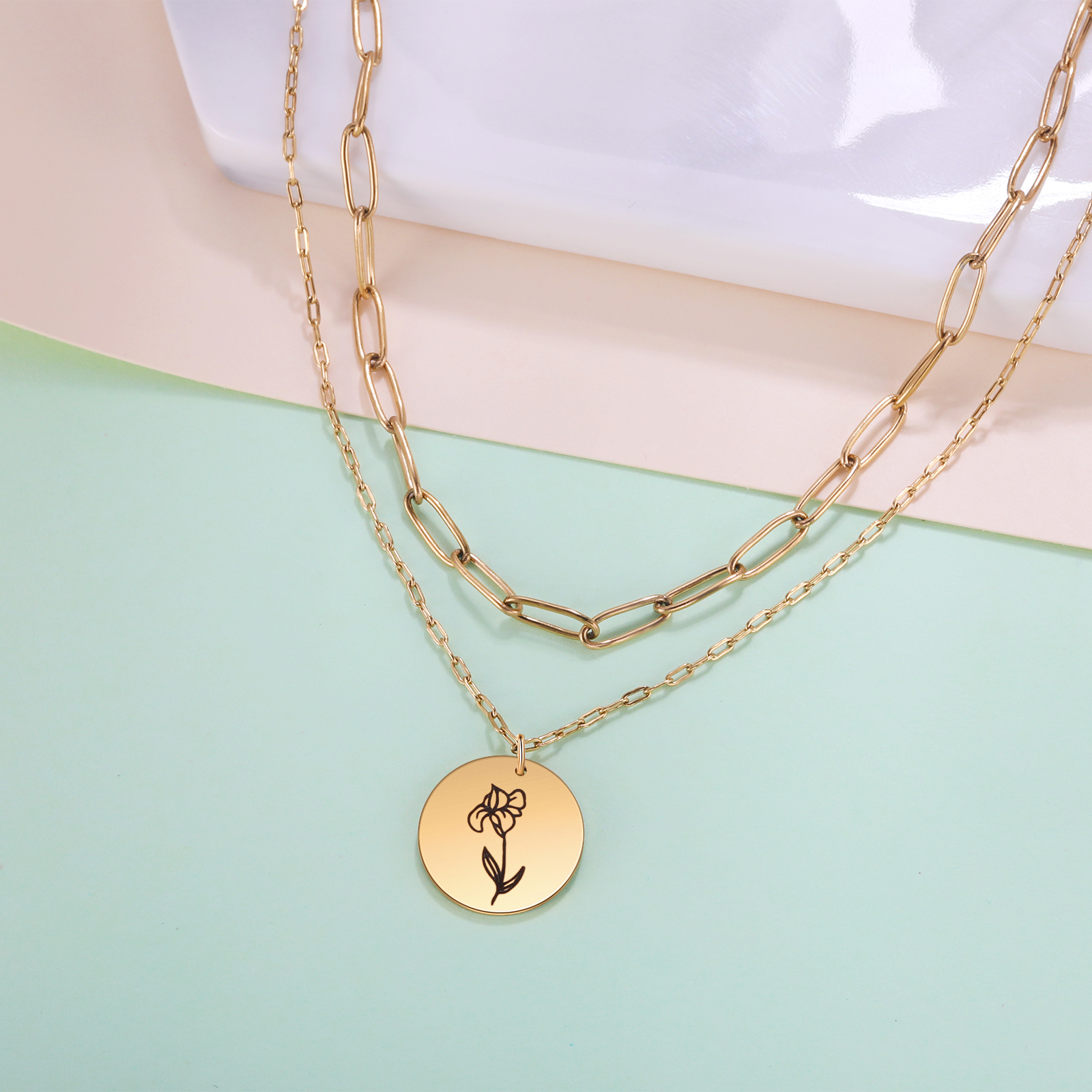 Personalised Double Necklace With 2 Birthflowers Engraved Name Gift For Her-Jessemade AU