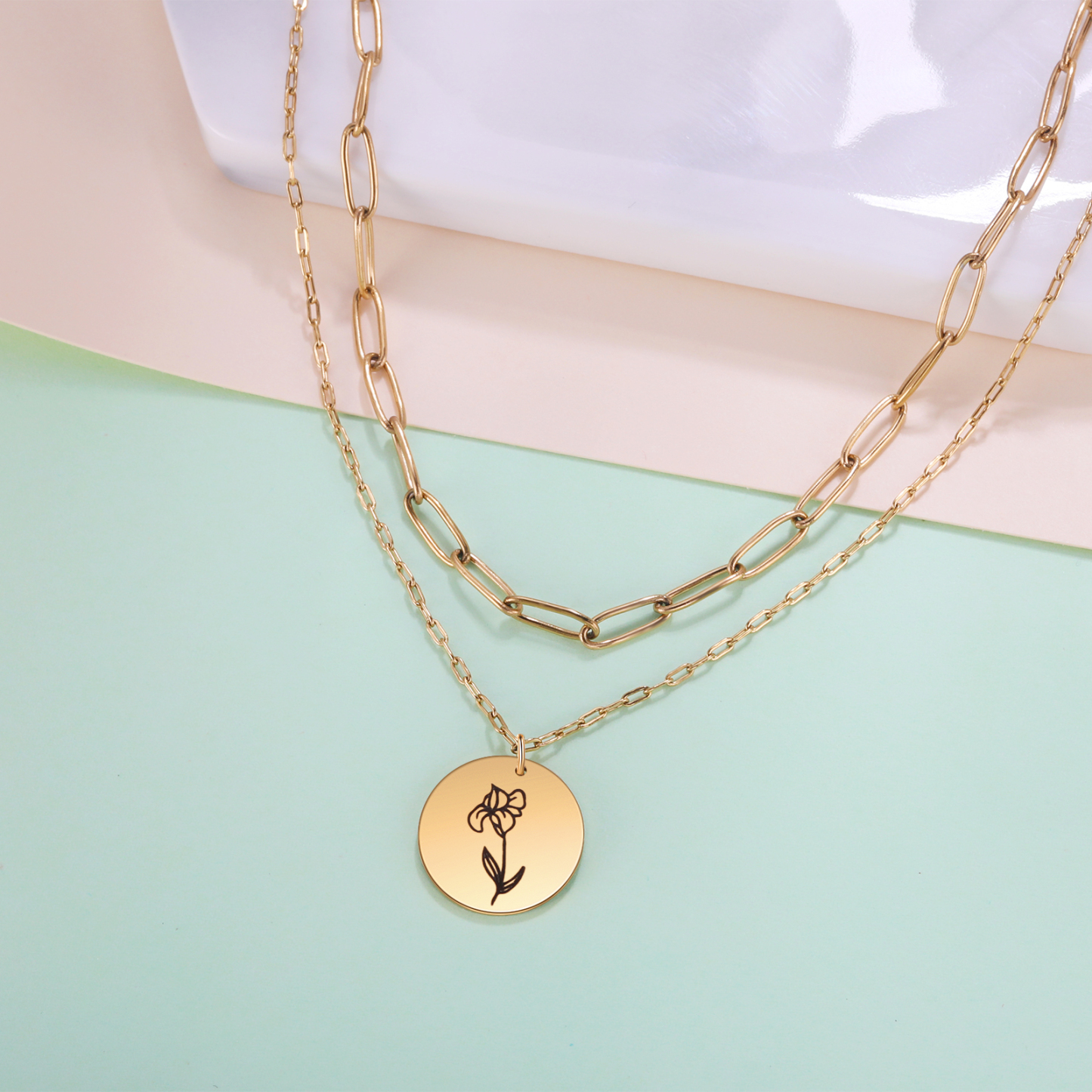 Personalised Double Necklace With 2 Birthflowers Engraved Name Gift For Her-Jessemade AU