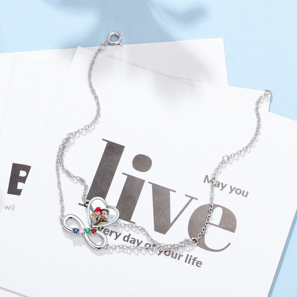 Personalised Heart Photo Bracelet With 4 Birthstones Custom Photo Bracelet Gifts For Her-Jessemade AU