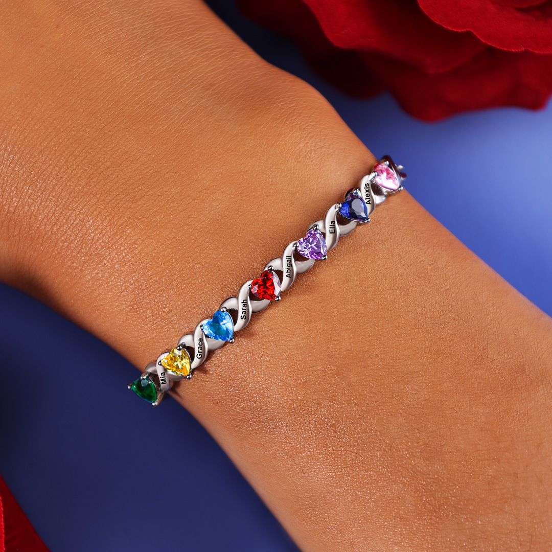 Personalised Bracelet With 2 Heart Birthstones Engraved Names Bracelet Gift For Women-Jessemade AU