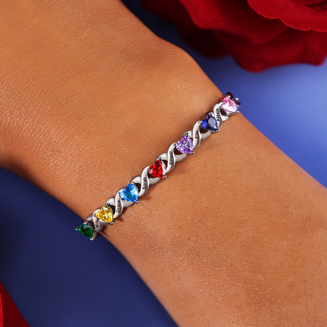 Personalised Bracelet With 2 Heart Birthstones Engraved Names Bracelet Gift For Women-Jessemade AU