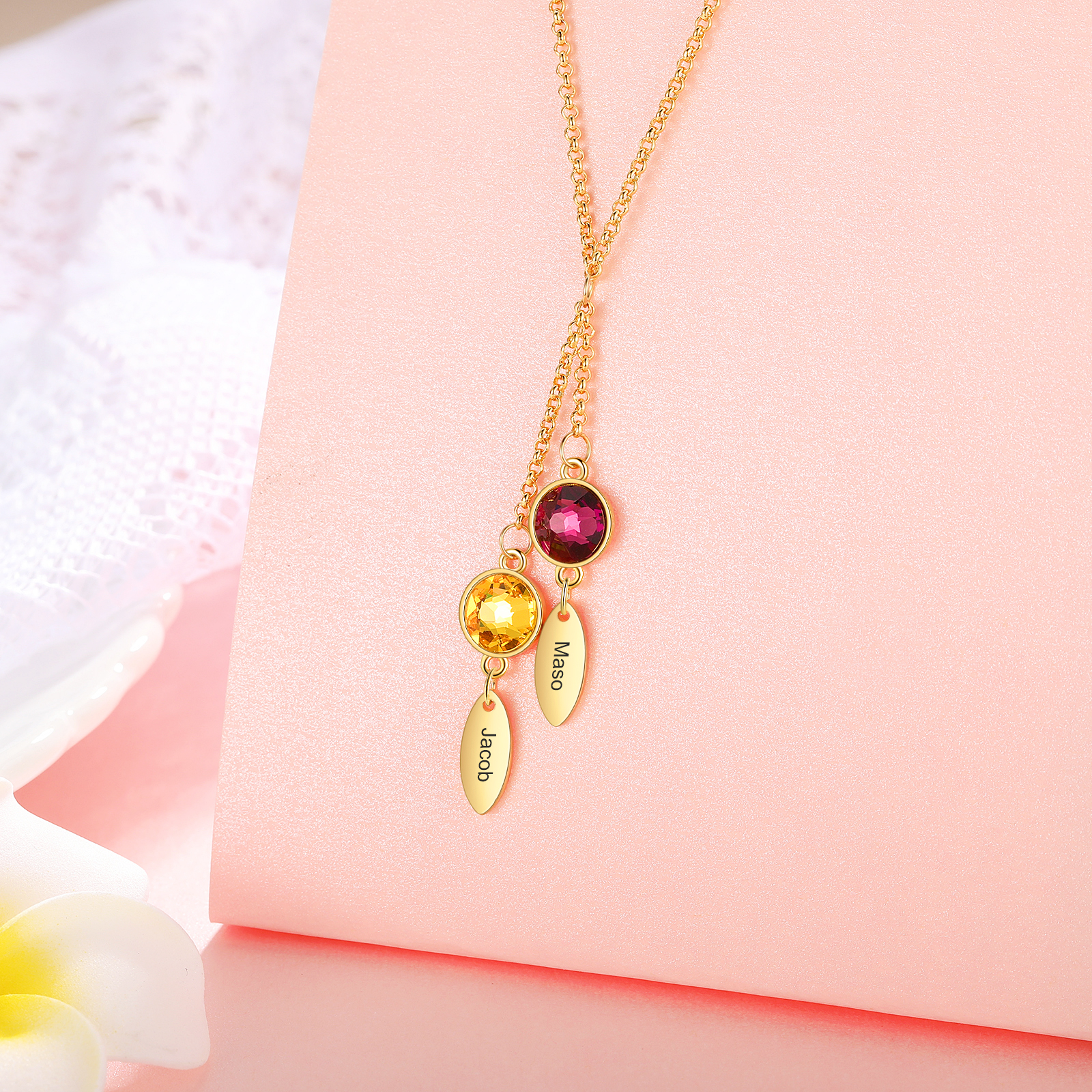 Personalised Bar Necklace With 2 Birthstones Engraved Names Necklace Best Gift For Mother-Jessemade AU