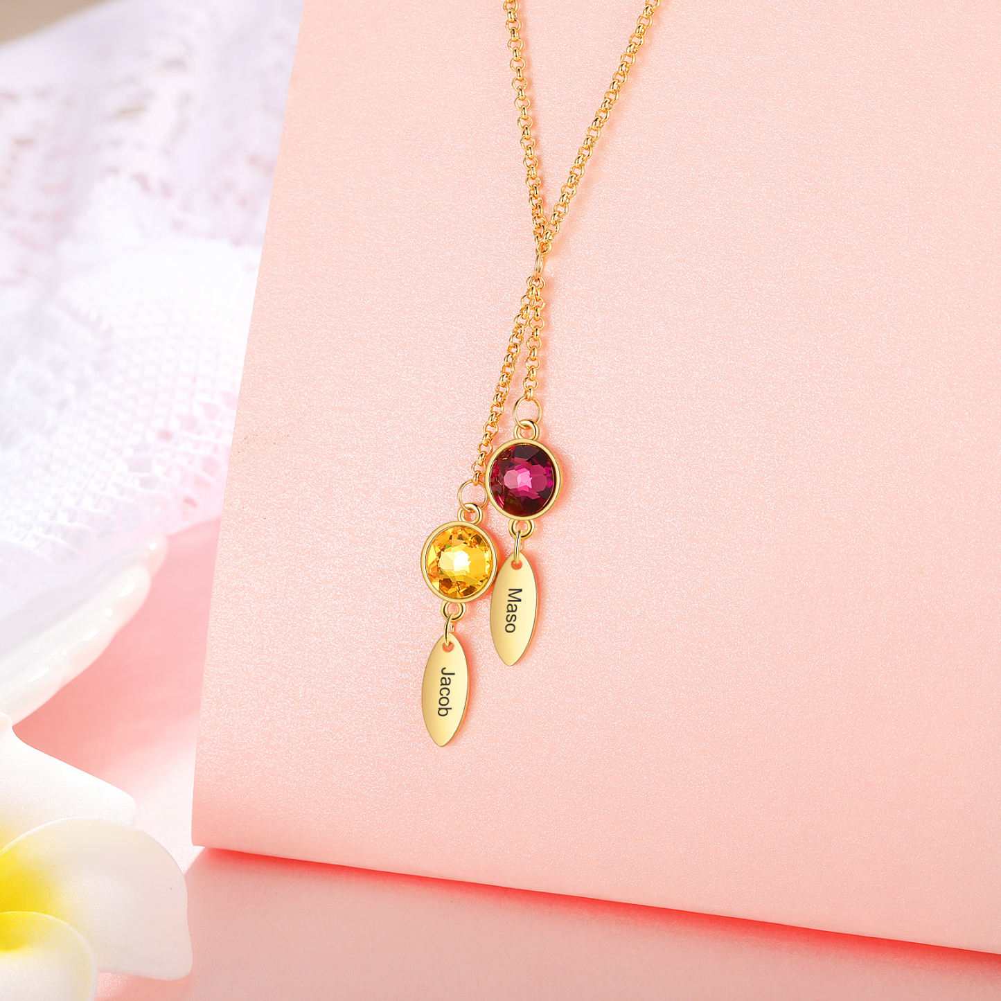 Personalised Bar Necklace With 2 Birthstones Engraved Names Necklace Best Gift For Mother-Jessemade AU