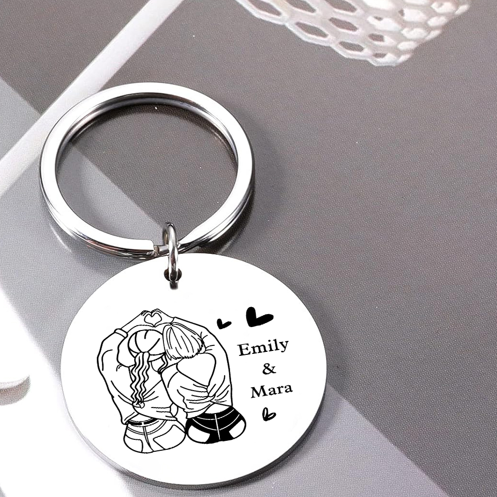 Personalised Photo Keychain Custom 2 Names Circle Keyring Metal Keychain Gift For Sisters/Besties/Friends-Jessemade AU