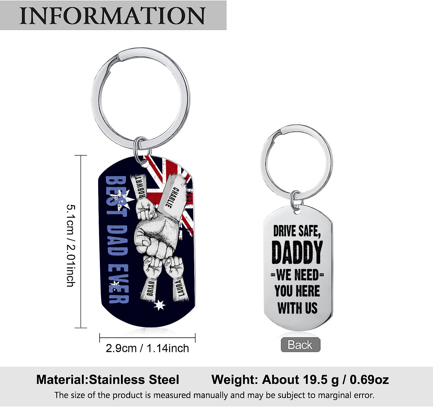 Personalised 4 Names Australian Flag Keychain Fist Bump Keychain Father's Day Gift - Drive Safe, Daddy, I Need You Here with Me-Jessemade AU