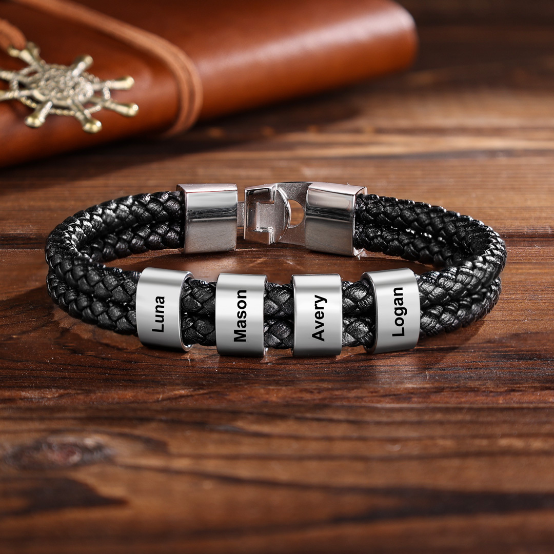 Personalised Braided Leather Bracelet Engraved 2 Names Men's Bracelet for Him