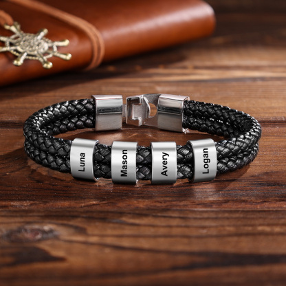 Personalised Braided Leather Bracelet Engraved 2 Names Men's Bracelet for Him