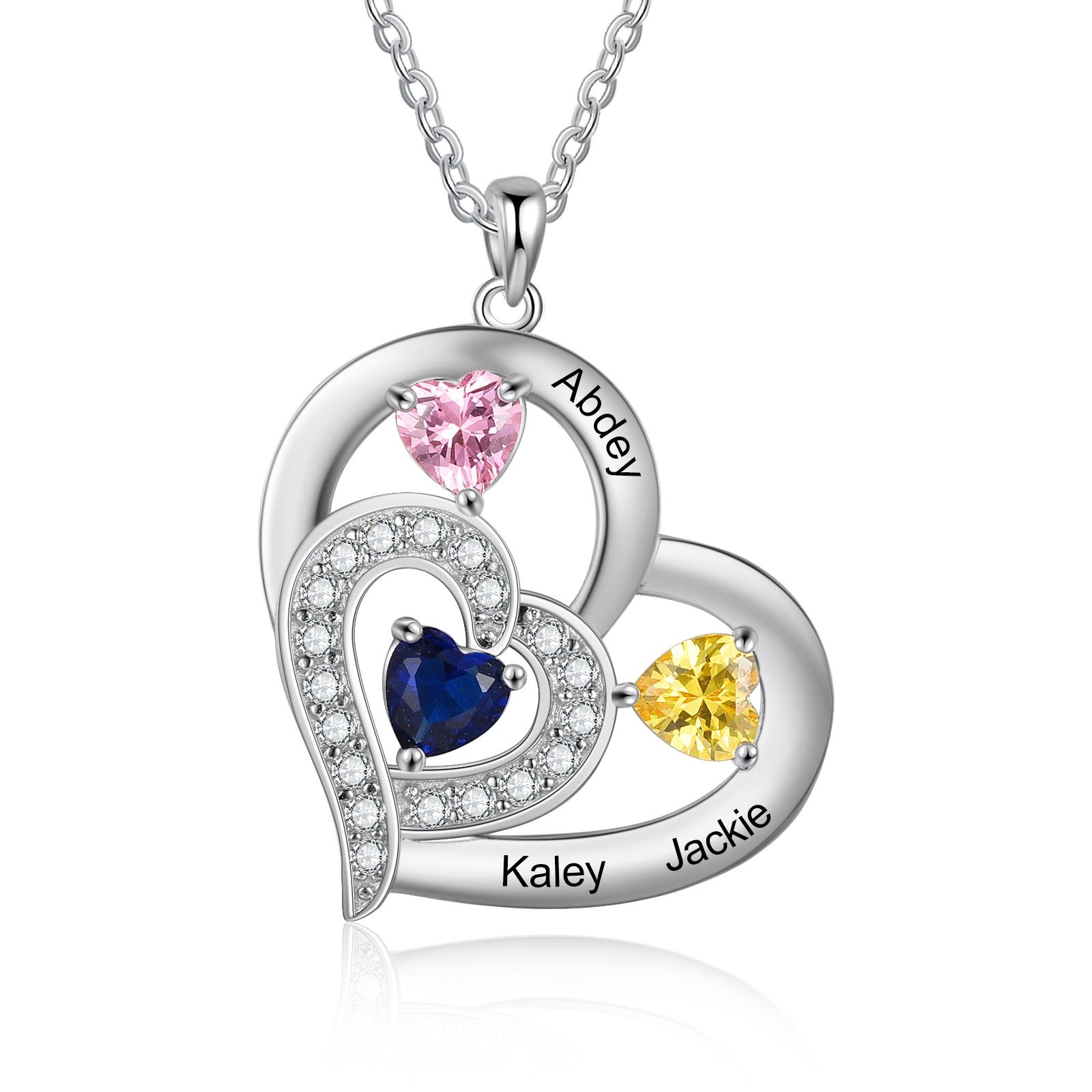 Personalised Heart Necklace With 3 Birthstones Engraved Names Gift For Her-Jessemade AU