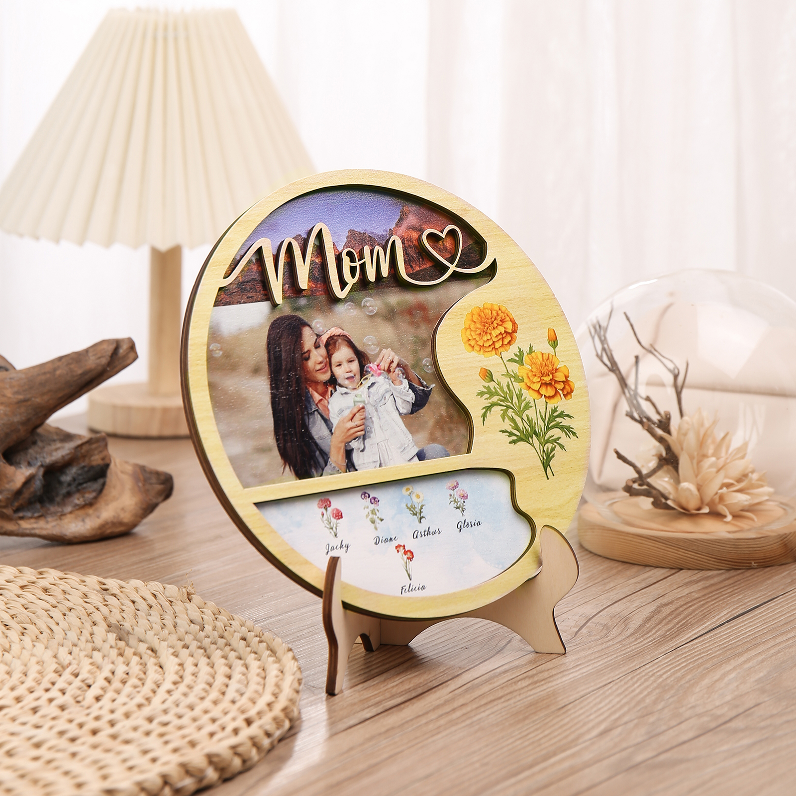 Personalised Photo & Text Wooden Plaque Custom 6 Birth Flowers & 5 Names Wooden Sign With Stand Gifts for Mum/Nana-Jessemade AU