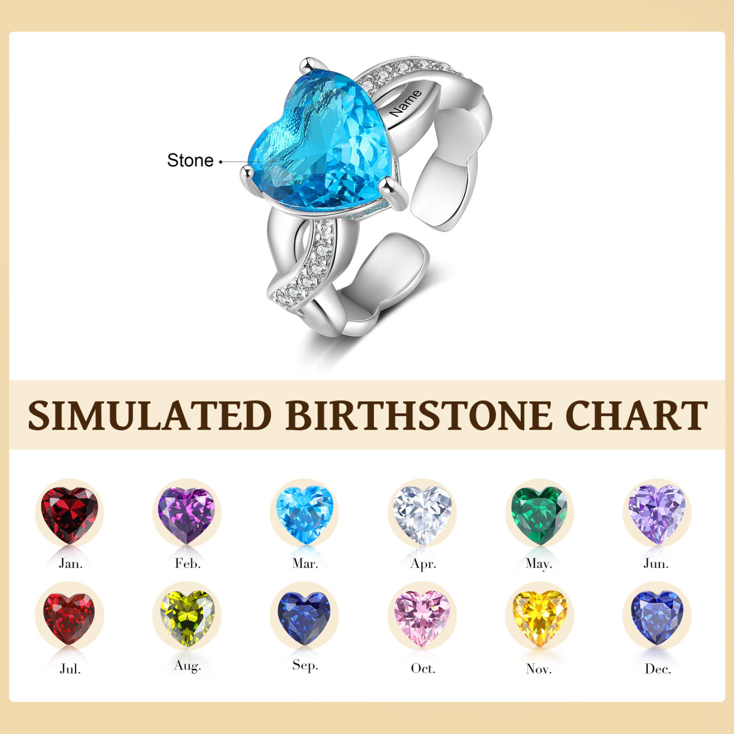 Personalised Heart Birthstone Ring Customised Name Open Ring Gift for Women Girls-Jessemade AU