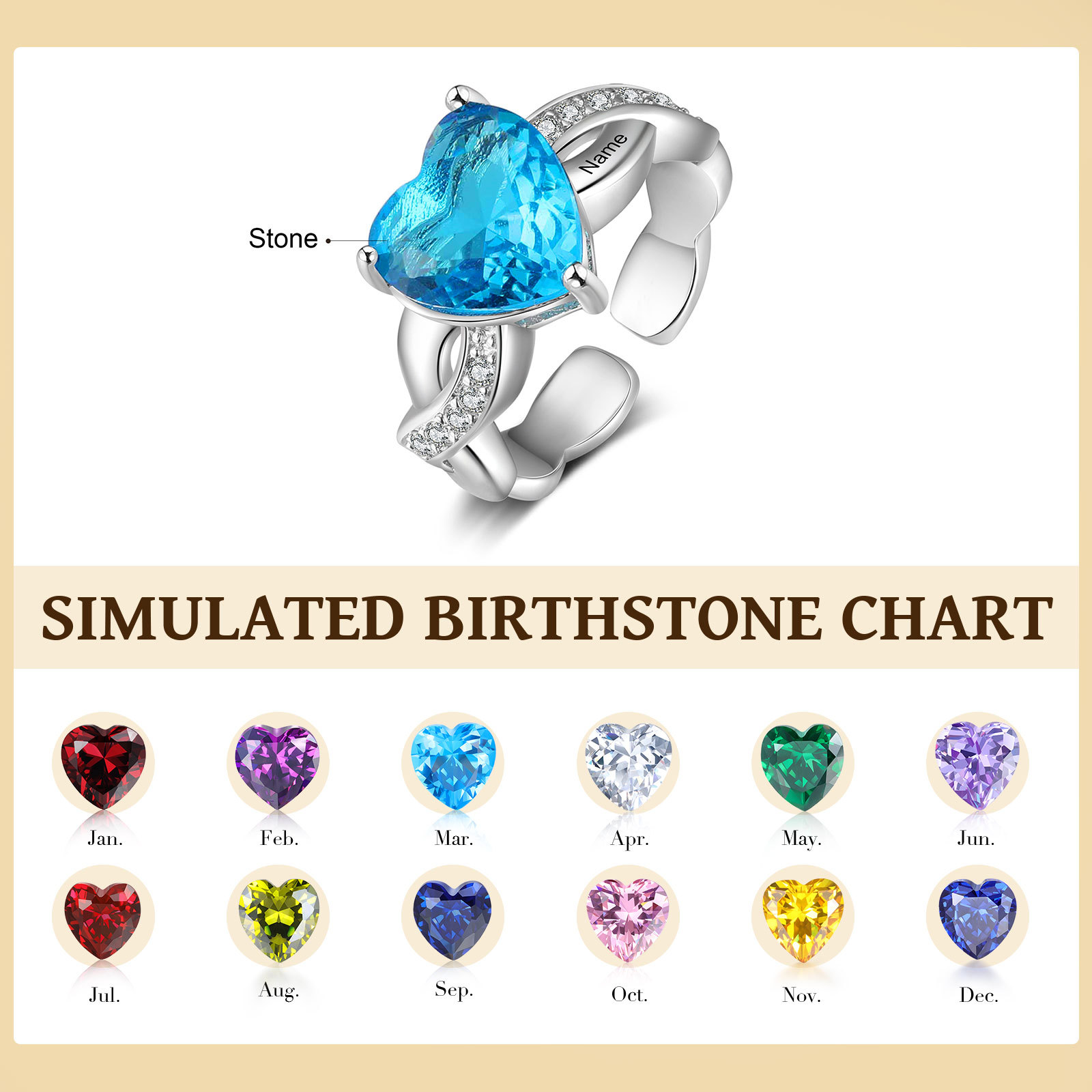 Personalised Heart Birthstone Ring Customised Name Open Ring Gift for Women Girls-Jessemade AU