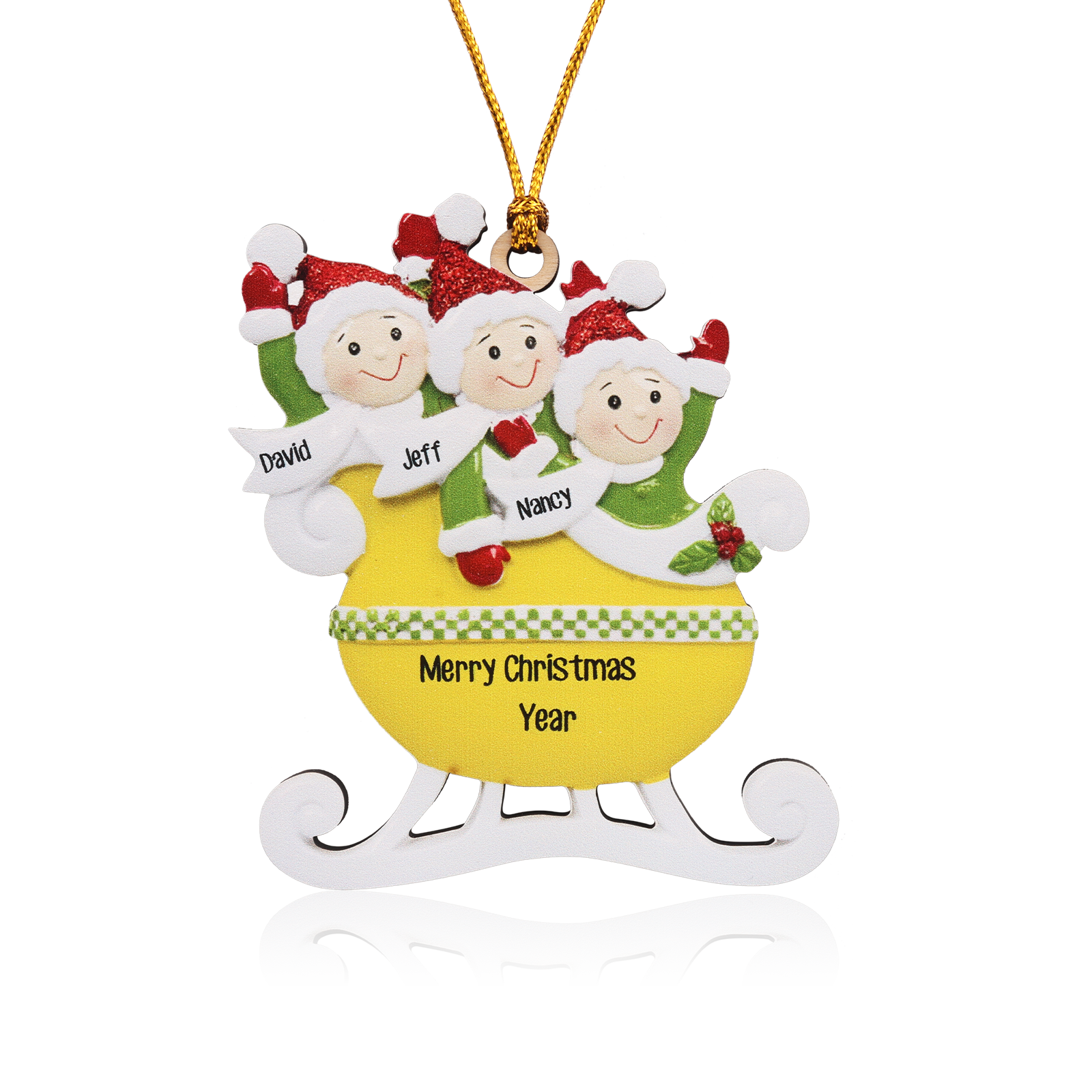 3 Names - Personalised Yellow Sleigh Family Christmas Ornament Customised Name & Text Wooden Hanging Ornaments Christmas Gift for Family-Jessemade AU