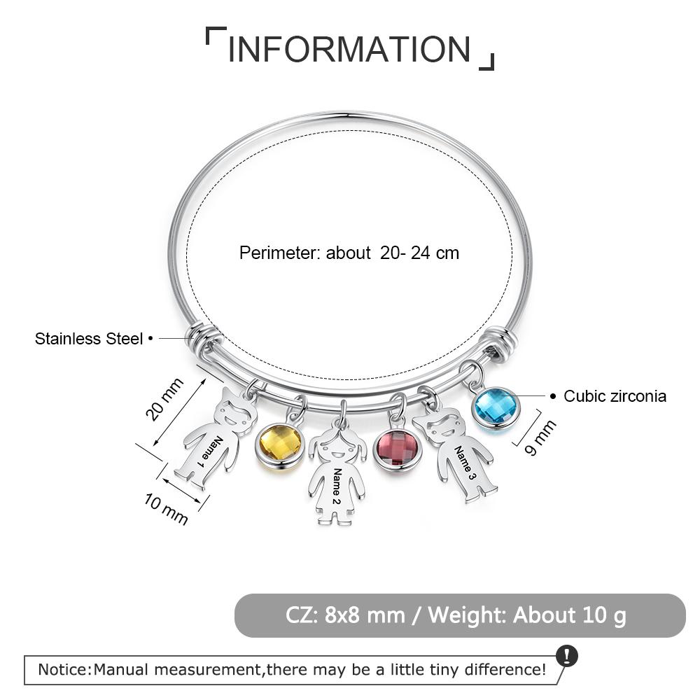 Women Bangle Bracelet with Kids Charms 3 Birthstones Engraved 3 Names Rose Box Set-Jessemade AU