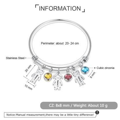 Women Bangle Bracelet with Kids Charms 3 Birthstones Engraved 3 Names Rose Box Set-Jessemade AU