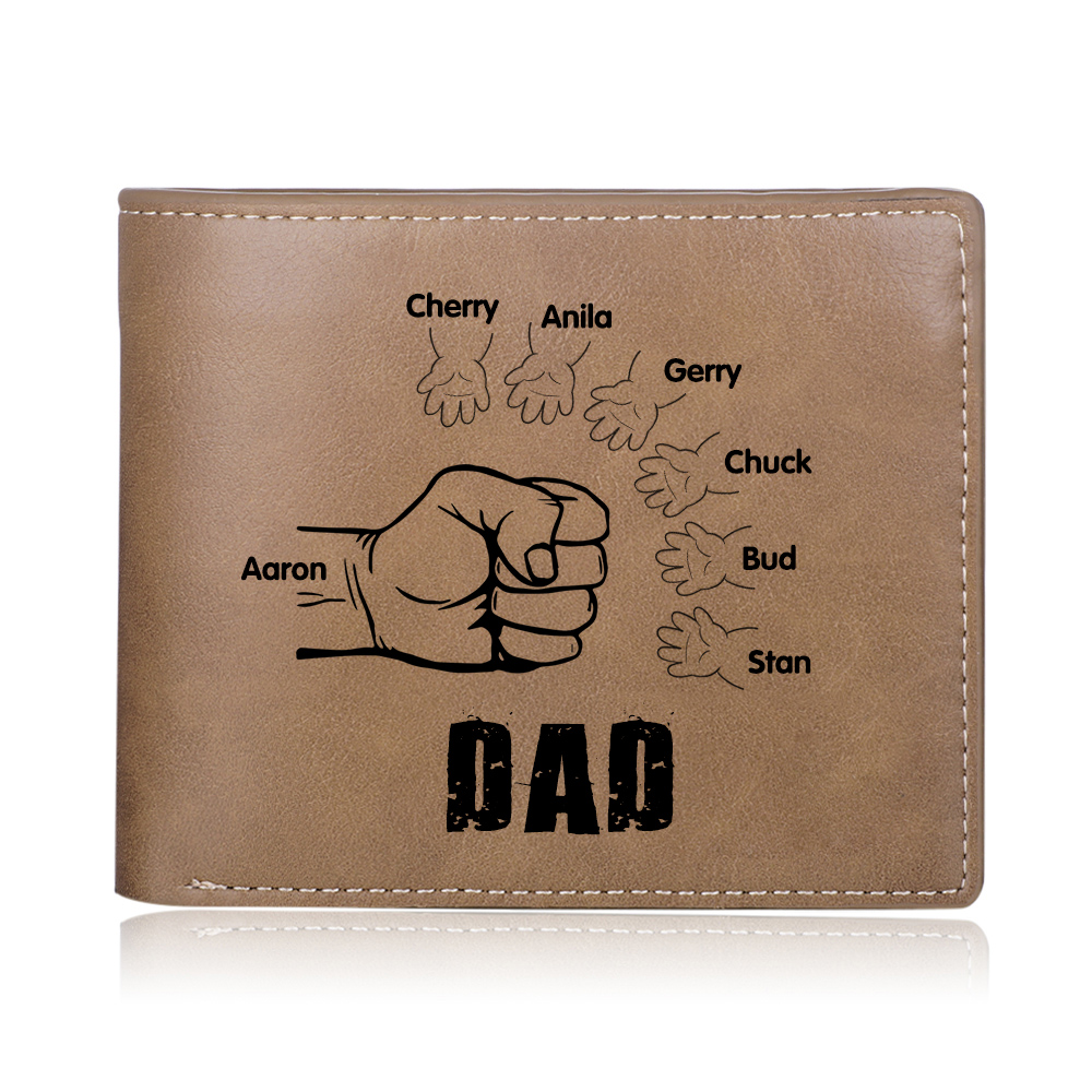 7 Names - Personalised Men Leather Wallet Engraved Names Brown Wallet Fist Bump Folding Wallet Gift For Dad-Jessemade AU