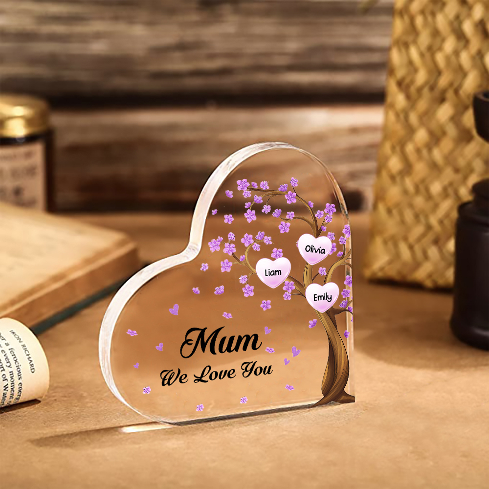 3 Names - Personalised Acrylic Heart Keepsake Custom Text Purple Flowers Tree Ornaments Gifts for Grandma/Mother-Jessemade AU