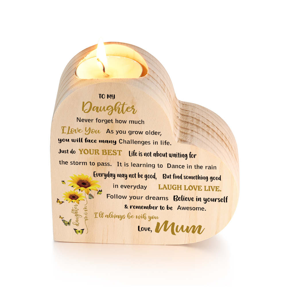 To My Daughter Wooden Heart Candle Holder Sunflowers Candlesticks "I'll always be with you"-Jessemade AU